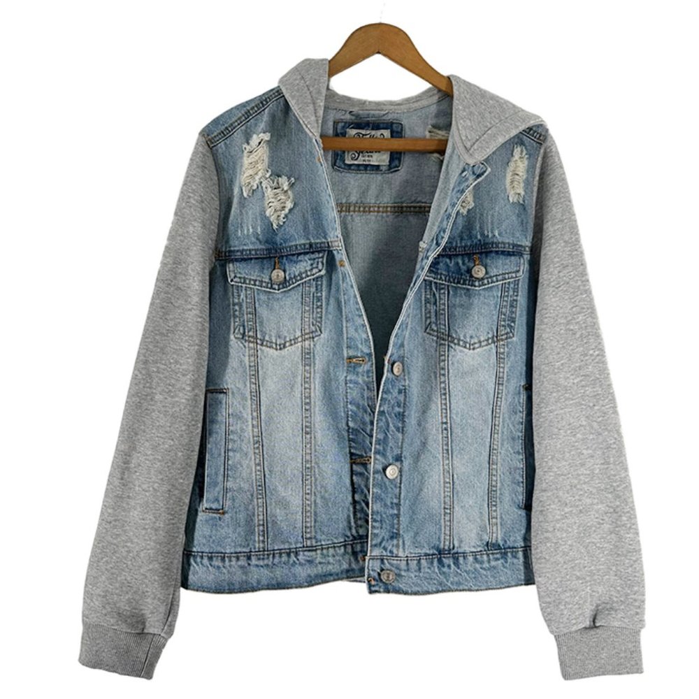 Ladies Tattoo Jeans Distressed Denim & Fleece Jean Jacket Size M